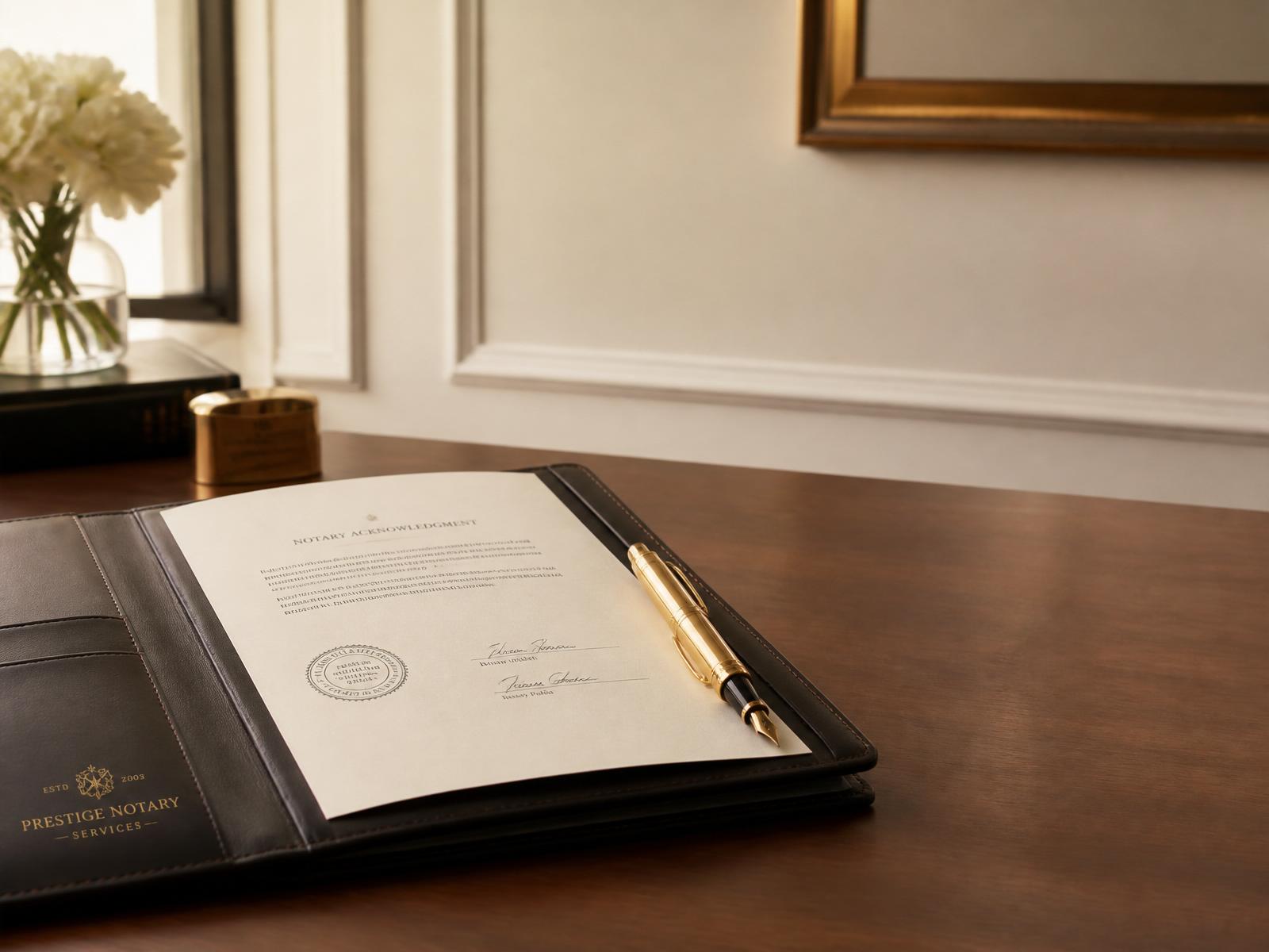 Leather portfolio with a notarized document, gold fountain pen, and embossed seal on a polished desk.